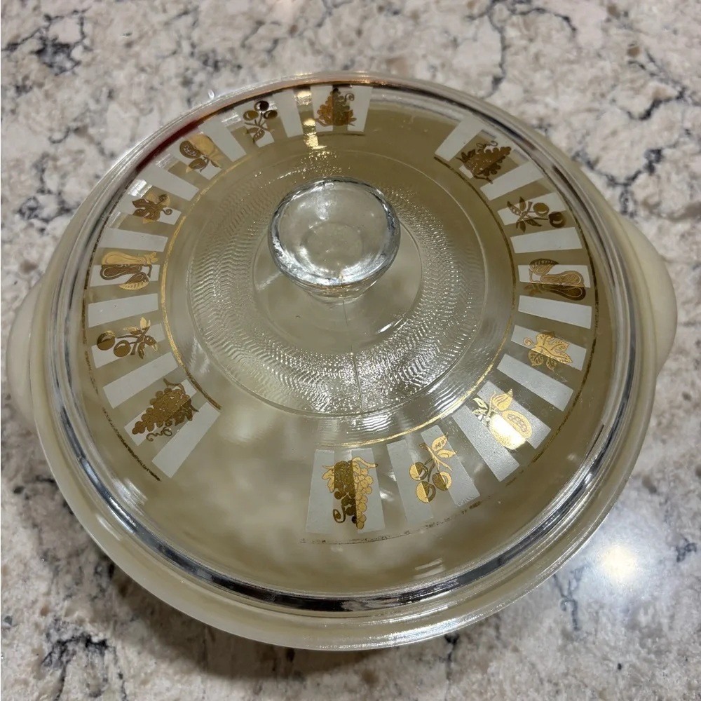 Fire King White Milk Glass Covered Dish with Gold Embossed Marking Lid Vintage